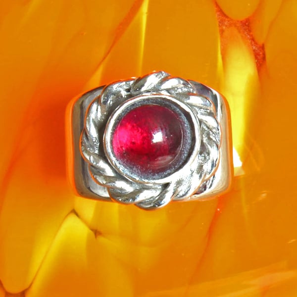 Silver Ring - Handmade Garnet Ring - Birthstone Ring  - Celt Style - Size H