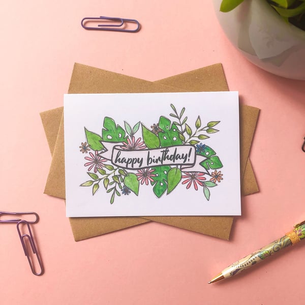 Tropical Happy Birthday Card - Blank A6 Watercolour Card 