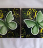 Hand Painted Oak Wood Coaster Set of 2, Green Butterflies - Image 2