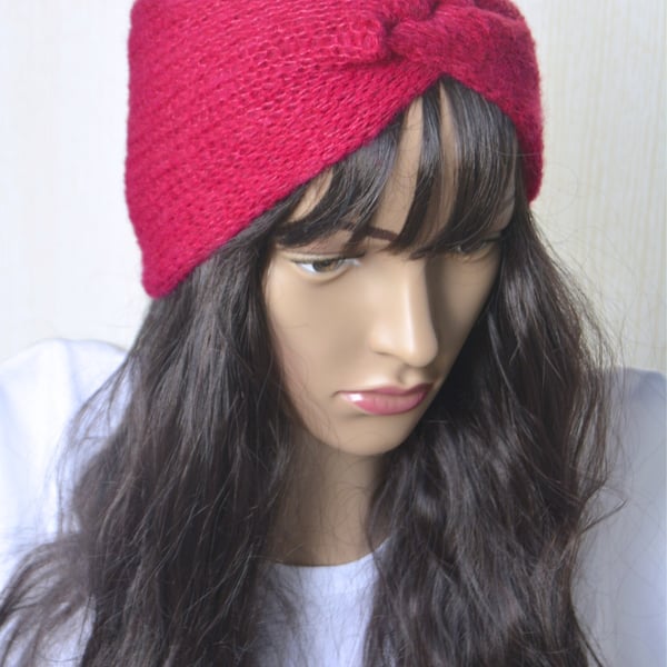 Knitted Headband Earwarmer Soft Alpaca Silk Crimson Red Letterbox Gift