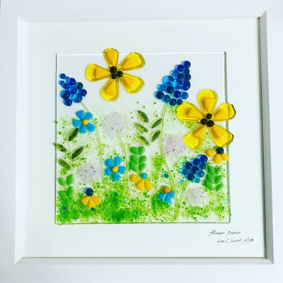 Fused glass “flower power “ 30cm square picture 