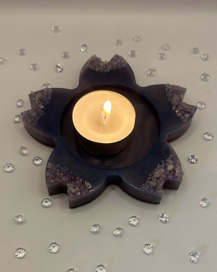 Flower Tealight Holder in Purple with Real Amethyst Chips