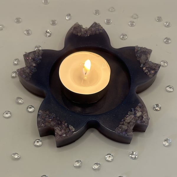 Flower Tealight Holder in Purple with Real Amethyst Chips