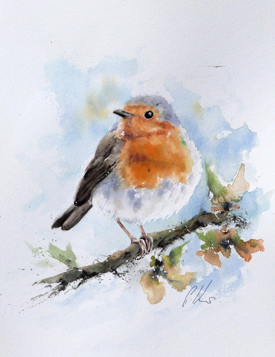 Robin and blossom, Original Watercolour Painting.