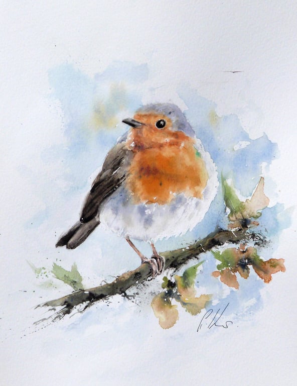 Robin and blossom, Original Watercolour Painting.
