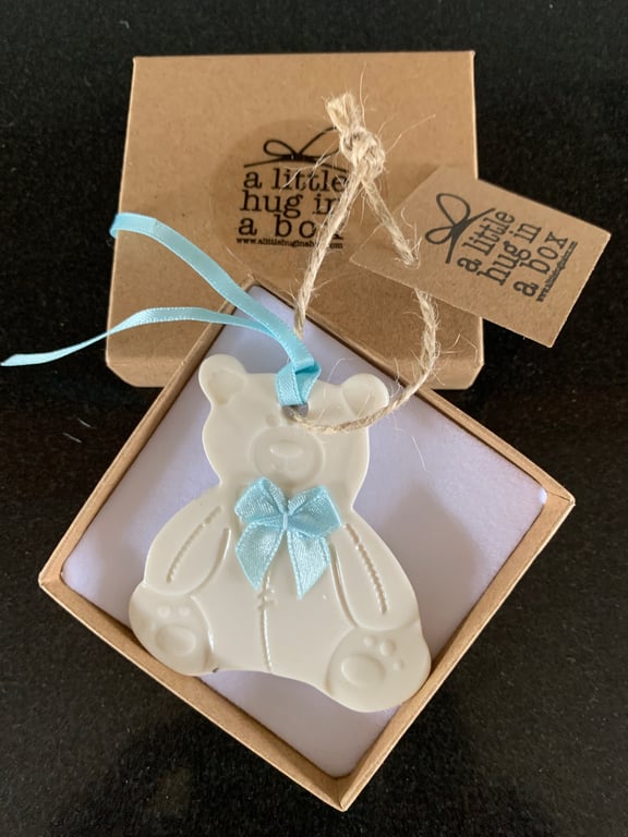 Hug in a box Porcelain Teddy  (blue) Gift Tag