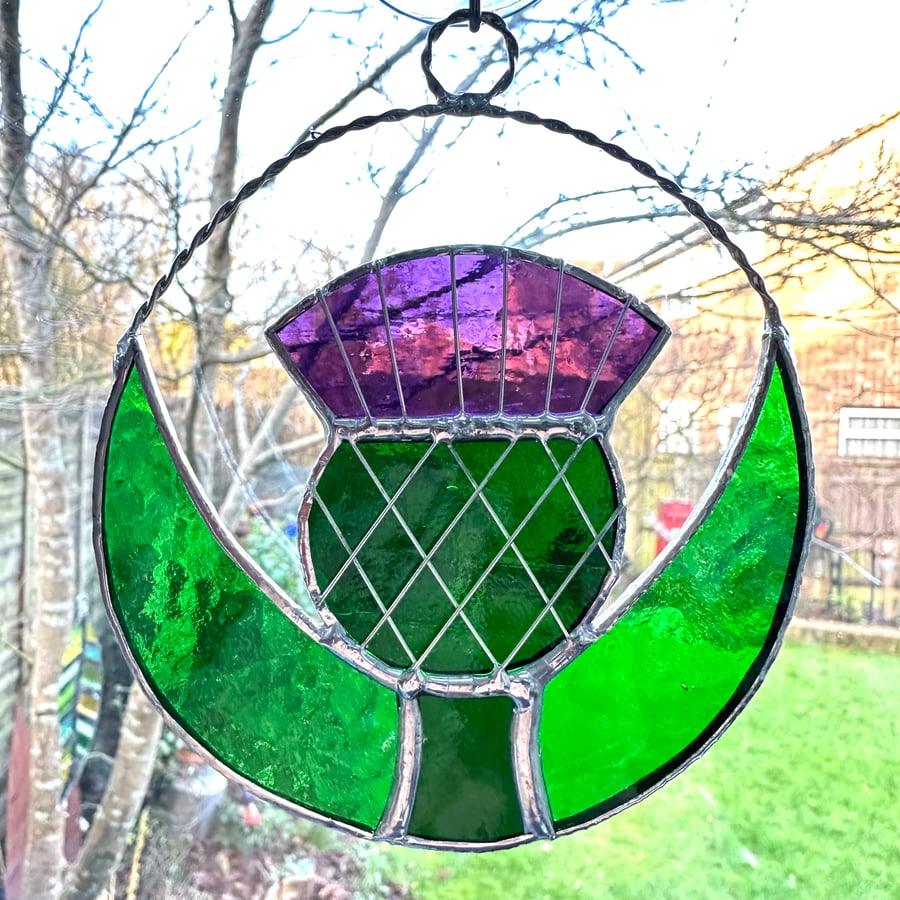 Stained Glass Scottish Thistle Suncatcher - Handmade Window Decoration 