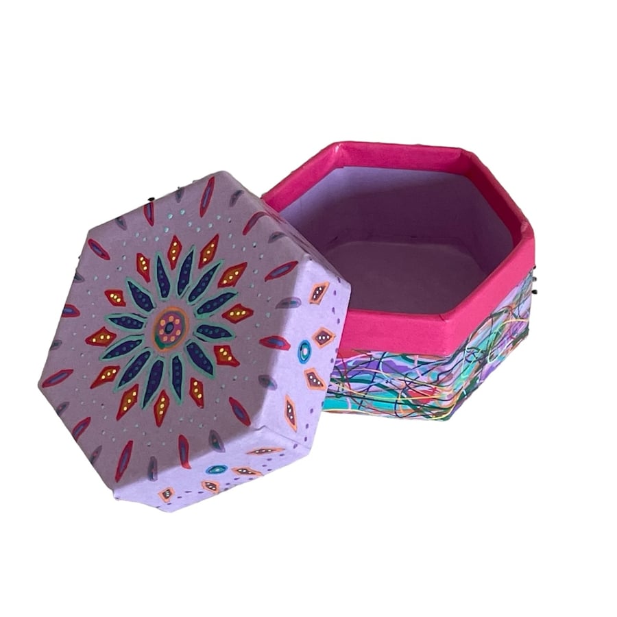 Small Hand Painted Lidded Hexagonal Trinket Box 