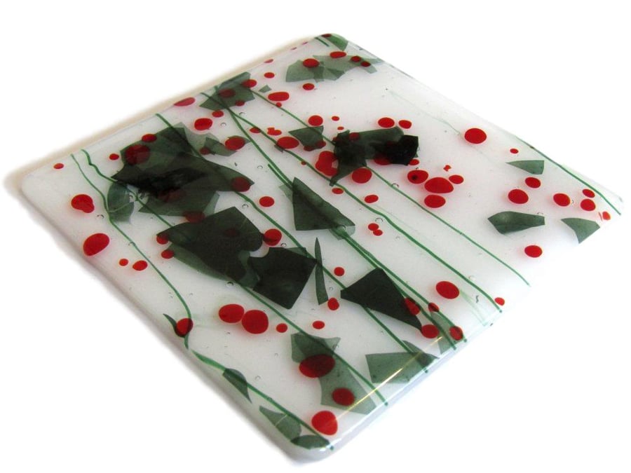 Fused glass Christmas Holly Berry Confetti Large Coaster Red Green Festive