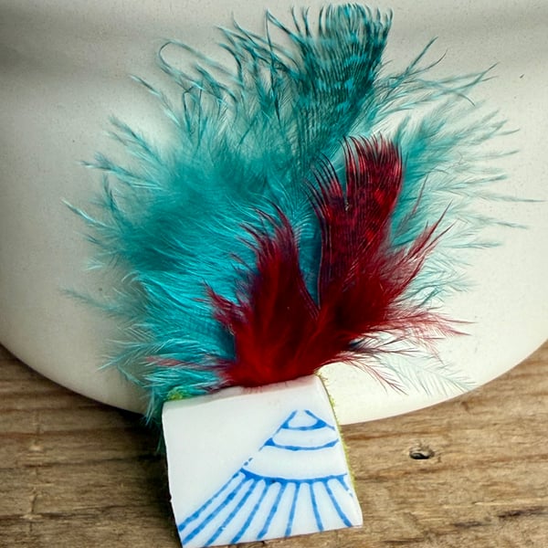 Pin Brooch Porcelain and Artificial Feathers Small Handmade Brooch