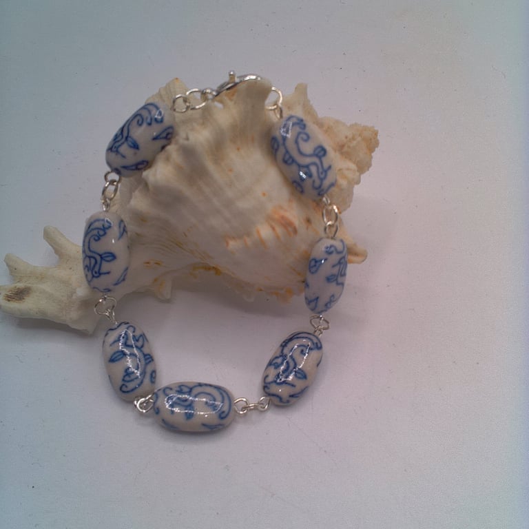 Bracelet and Earrings with Blue Patterned White Ceramic Beads, Gift for Her