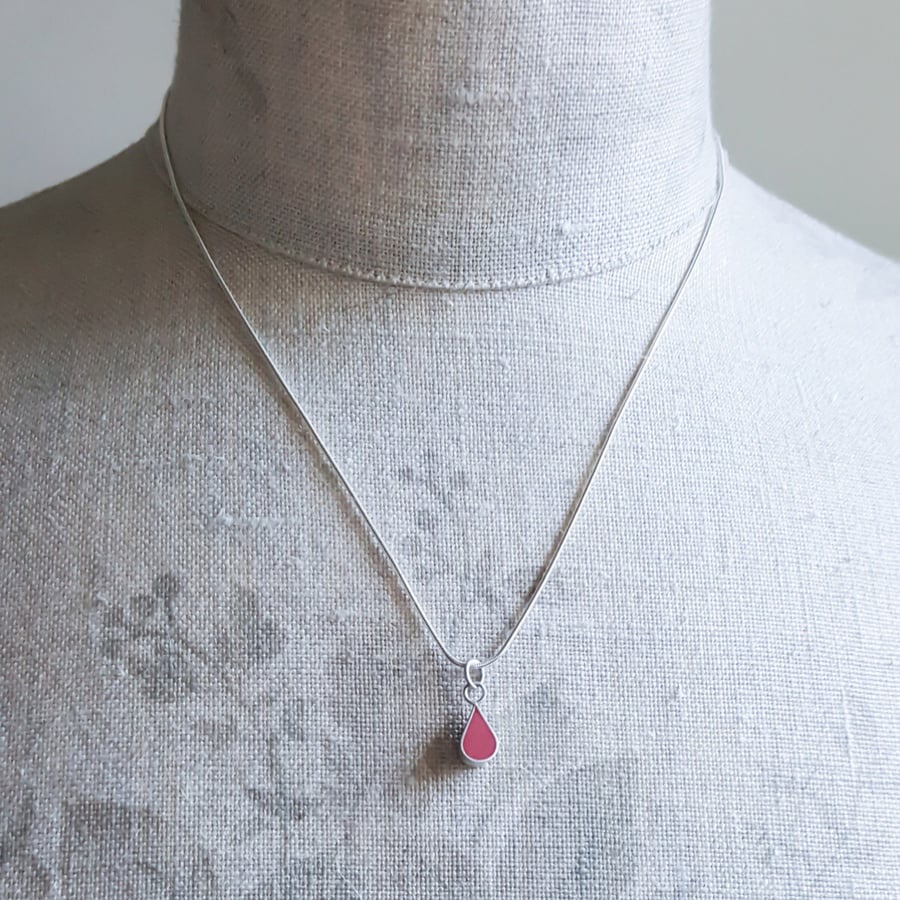 Red Drop Sterling Silver Pendant Necklace, Minimalist, Everyday Jewellery 