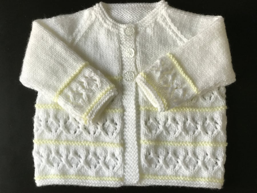 Hand Knitted White and Lemon Trim Cardigan Fits 3 - 6 Months