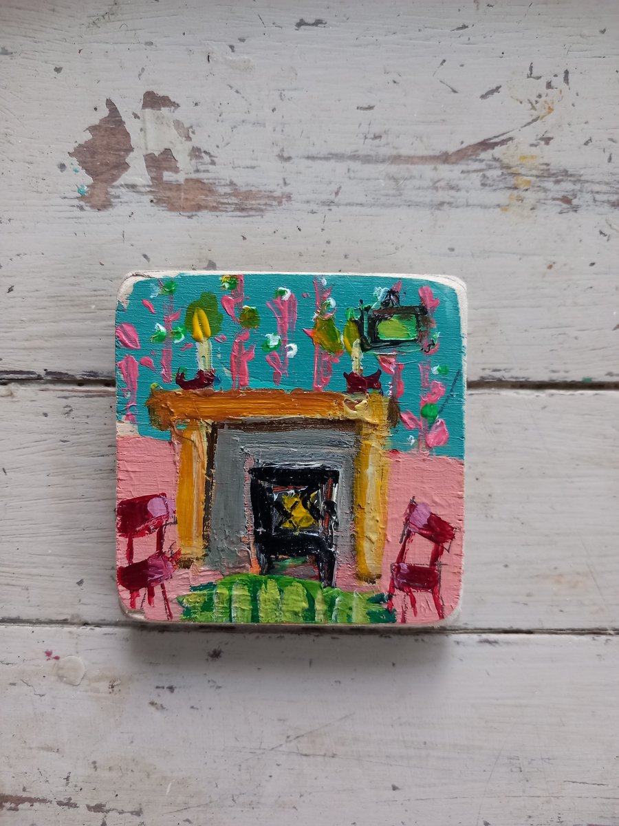 Teeny tiny fire side painting on reclaimed wood