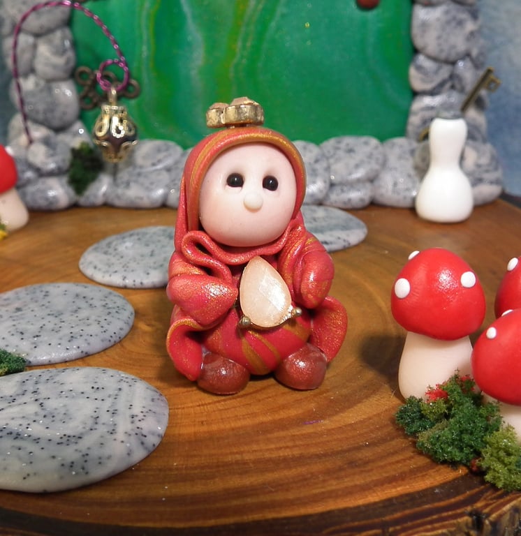 Tiny Garden Gnome 'Polly' with jewel OOAK Sculpt Ann Galvin