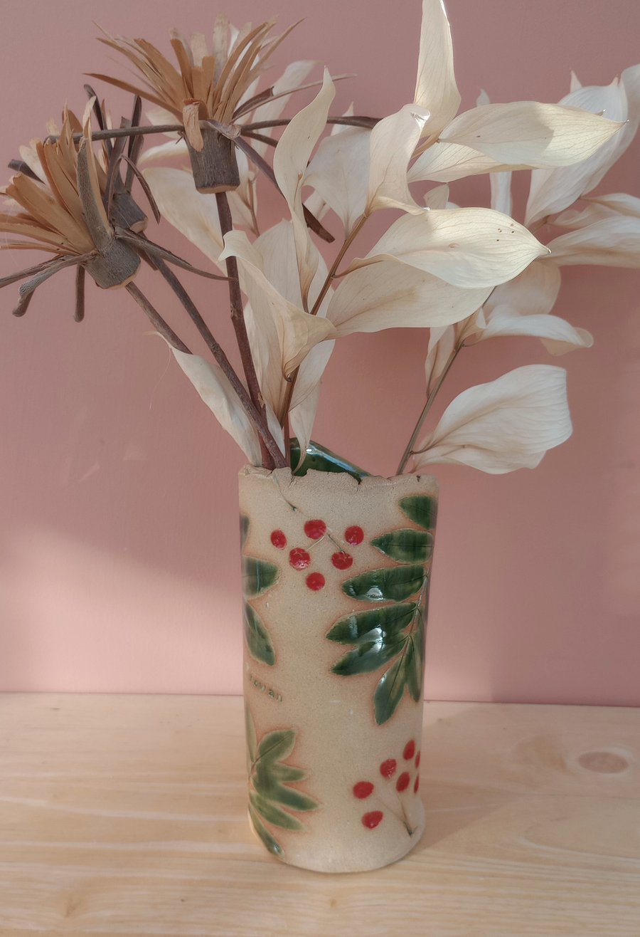 Rowan ceramic vase with leaves and berries - Botanical straight vase 