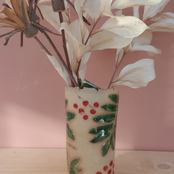 Rowan ceramic vase with leaves and berries - Botanical straight vase 