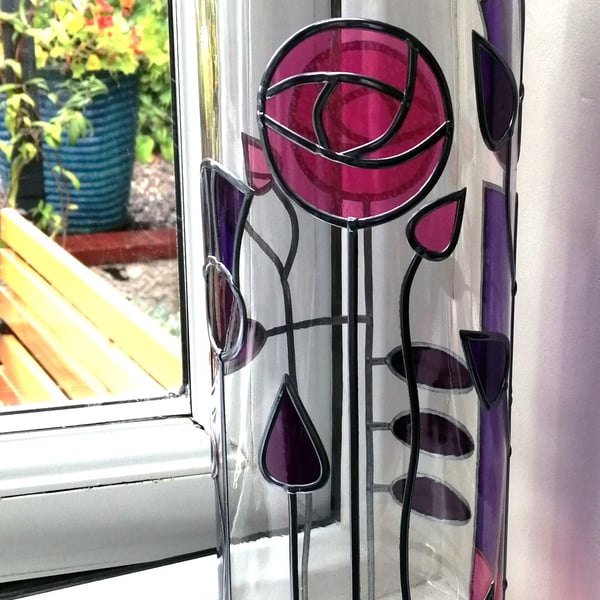 Thistles and Roses is a Stained Glass Effect Flower Vase with a Hand Leaded Art 