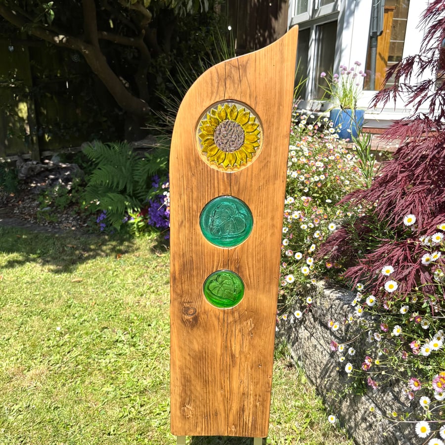Fused Glass & Reclaimed Wood Sunflower Garden Art 