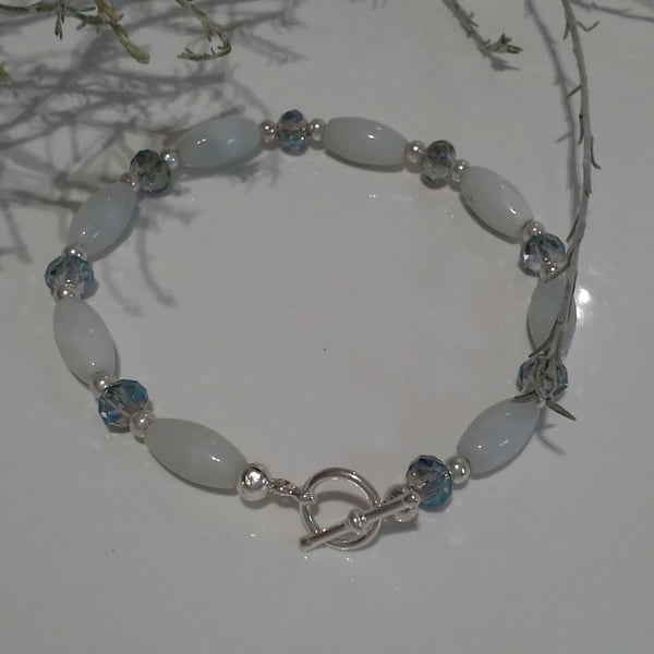 Amazonite & Faceted Crystal Silver Plate Bracelet 19cms long