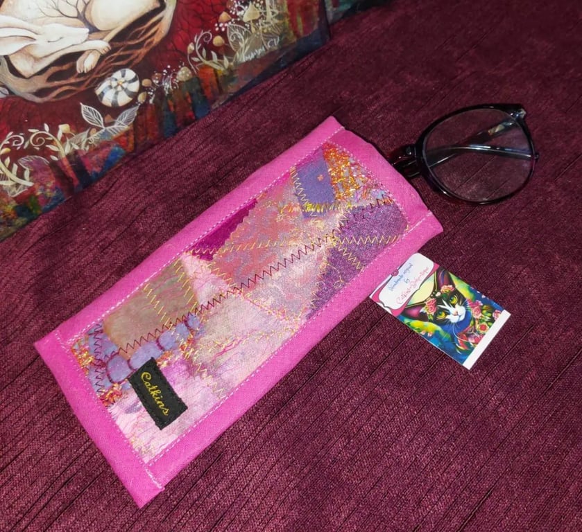 Artisan Handcrafted Pink Gold upcycled fabric bohemian hippie glasses case