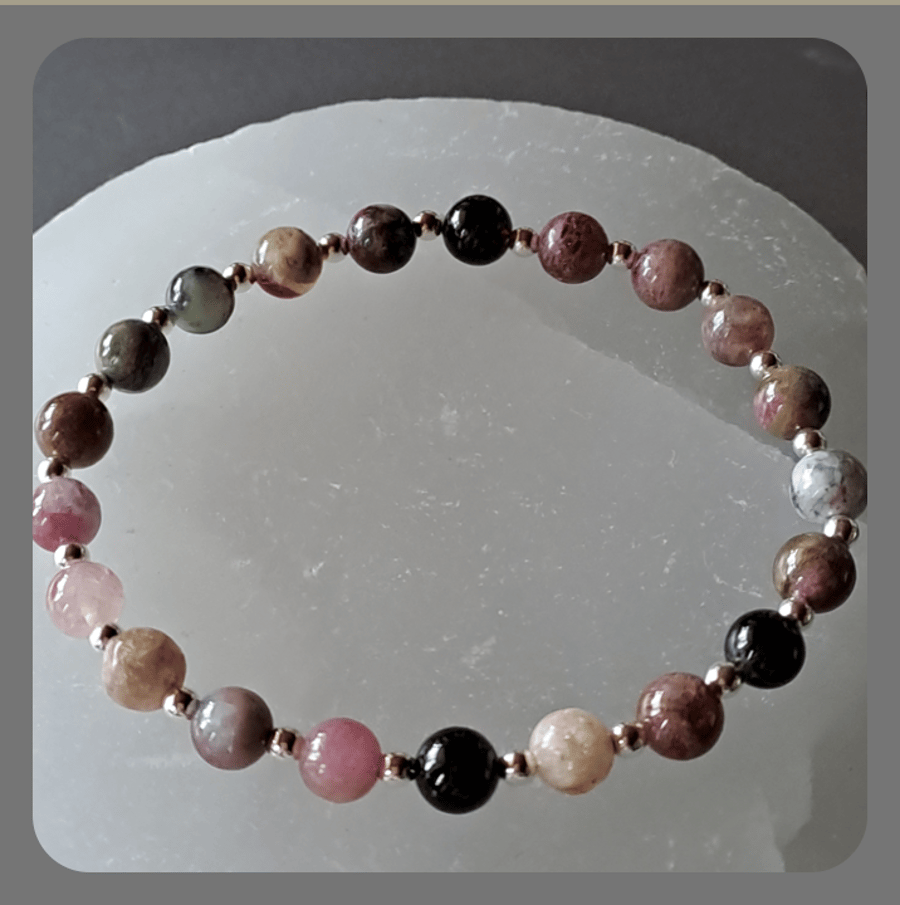 Rainbow Tourmaline and Sterling Silver Bracelet