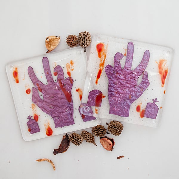 Creepy Blood Splattered Zombie Halloween Fused Glass Coasters
