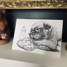 Gorgeous cute Pug Puppy New born Baby Card- Print of Original Drawing A6