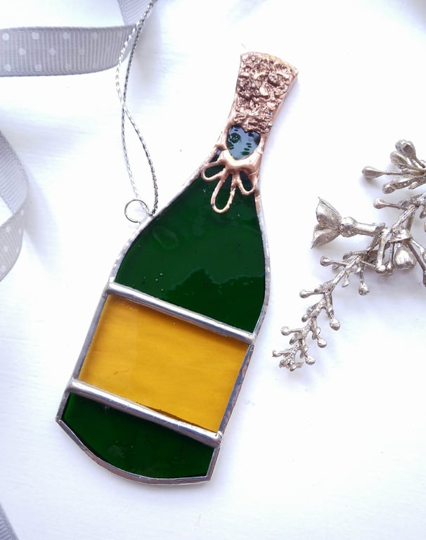 Stained Glass Champagne Bottle Ornament