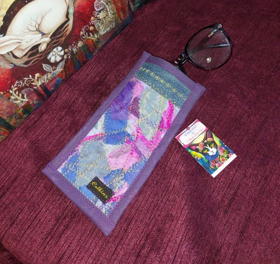 Artisan Handcrafted Purple & pink upcycled fabric bohemian hippie glasses case