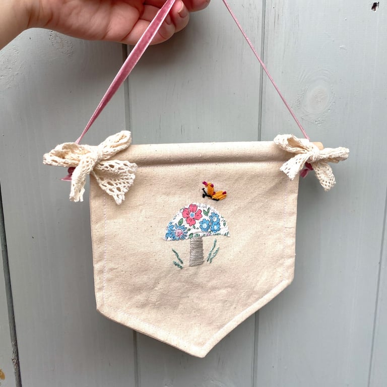Hand Embroidered Toadstool - Mushroom Banner: Liberty Print Floral Decor