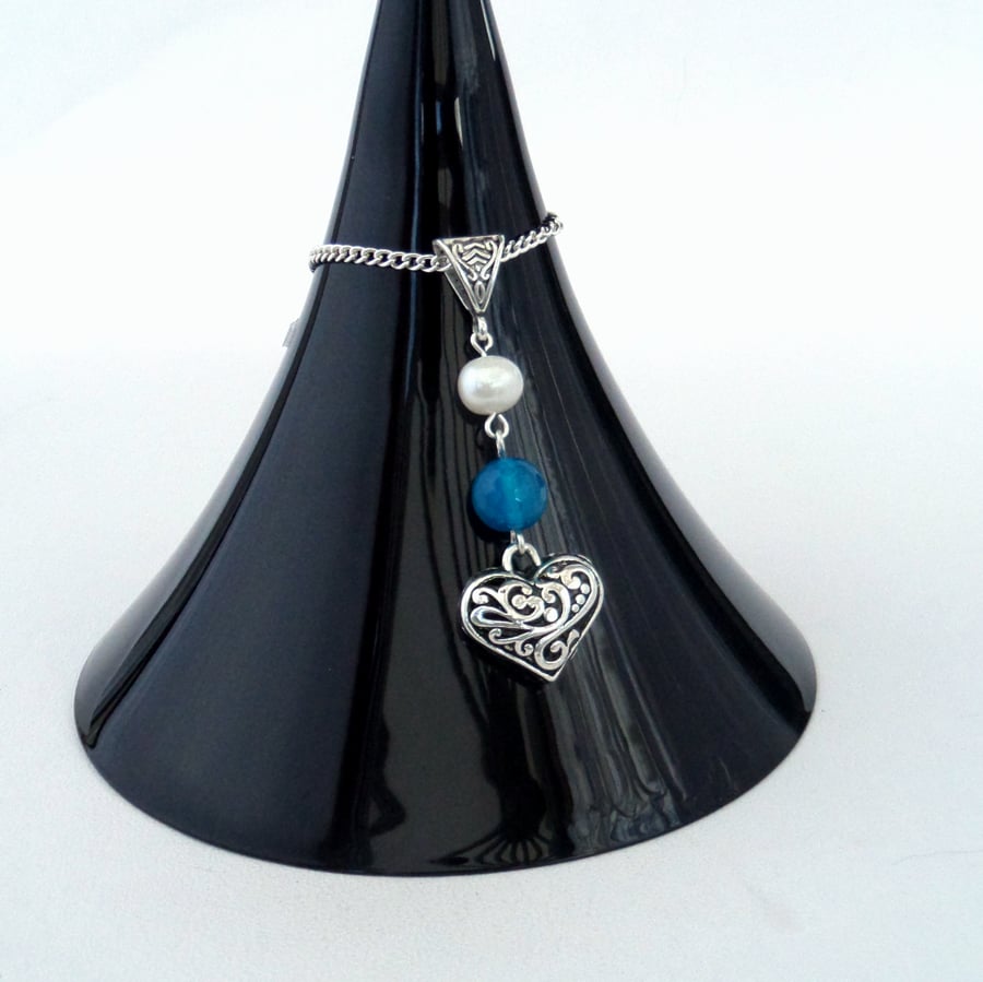 Heart charm necklace, with pearl and stunning blue agate