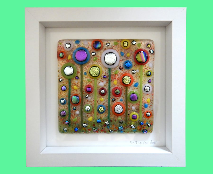HANDMADE FUSED GLASS 'IN THE GARDEN' PICTURE.