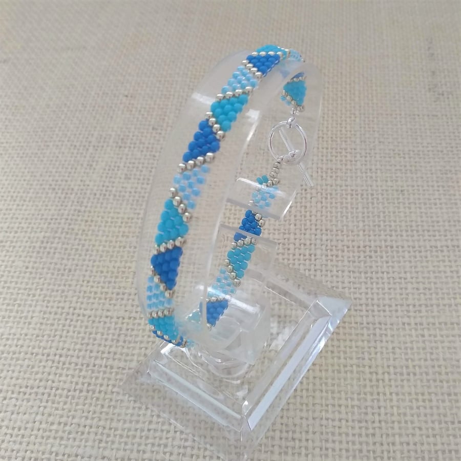 Turquoise Blue and Silver Seed Beaded Bracelet