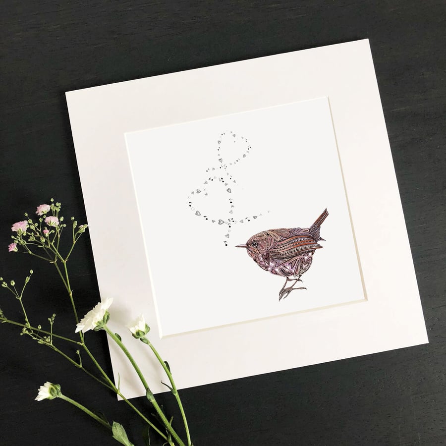 'Wren Love' 8" x 8" Mounted Print