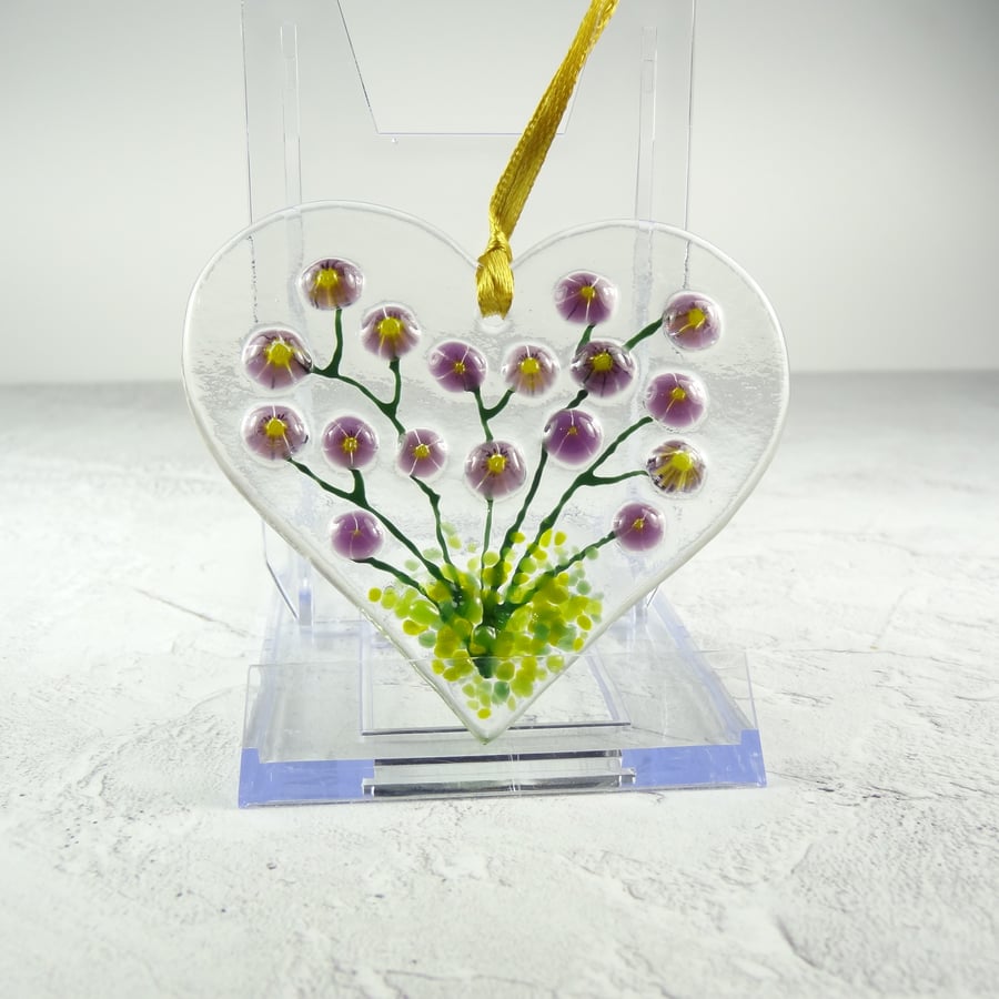 Purple floral heart shaped fused glass suncatcher, handcrafted, 8cm x 7cm (0229)