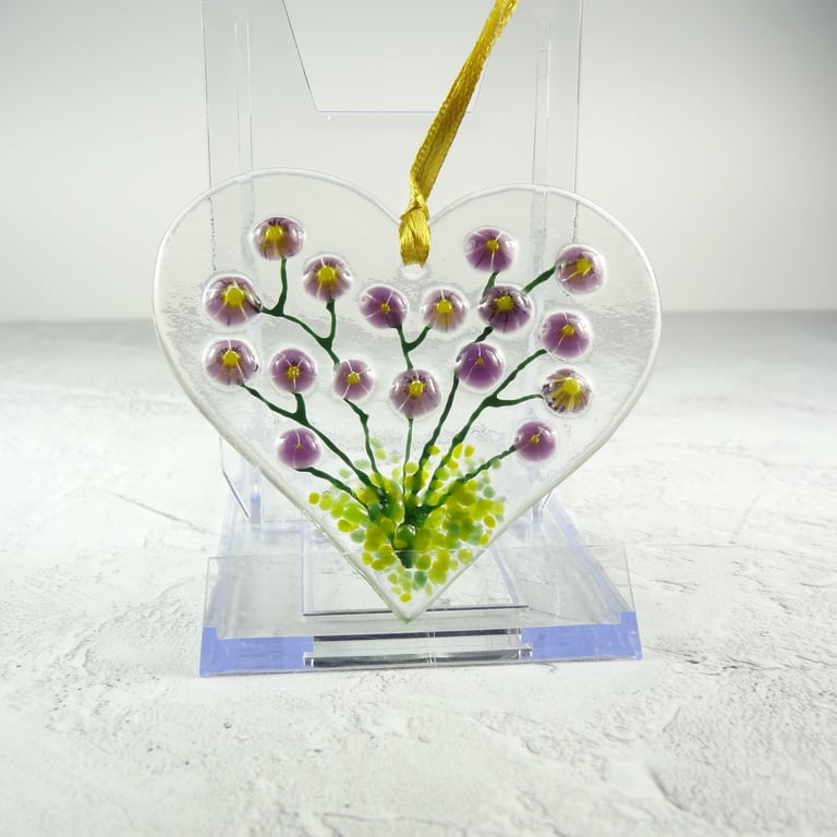 Purple floral heart shaped fused glass suncatcher, handcrafted, 8cm x 7cm (0229)