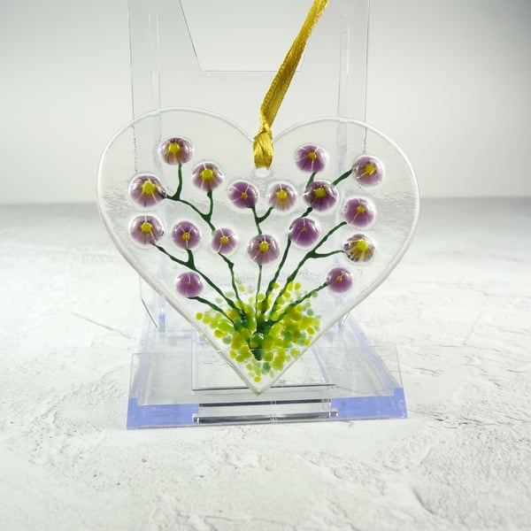 Purple floral heart shaped fused glass suncatcher, handcrafted, 8cm x 7cm (0229)
