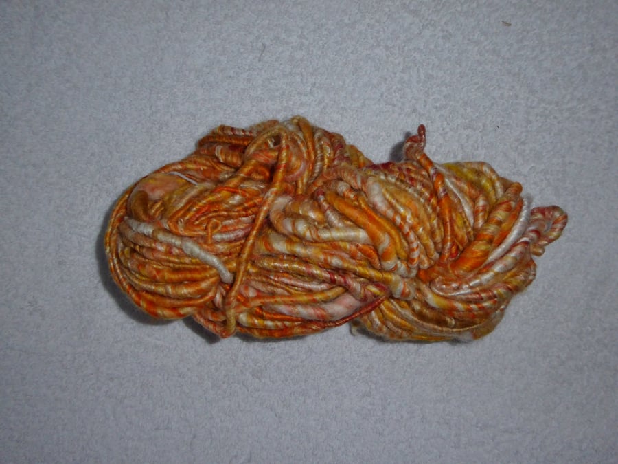 260g Core Spun Art Yarn In Merino on a Cotton Core. Orange and Yellow. Handspun.