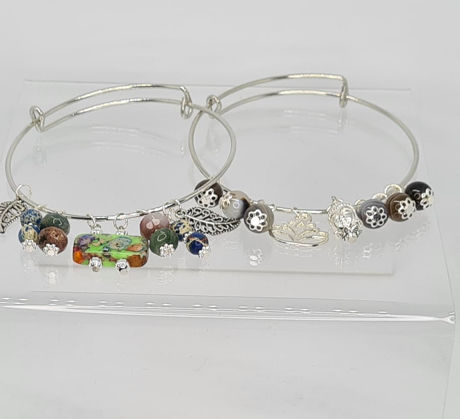 Adjustable Gemstone Bangle Botswana Agate, Sea Sediment Jasper