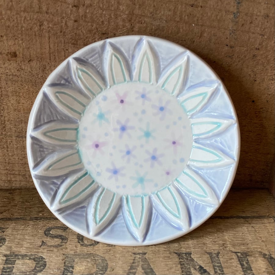 Hand carved ceramic dish pale purple