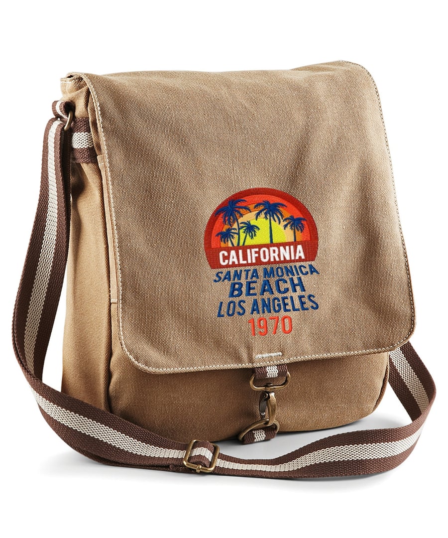 California Santa Monica Beach Embroidered Canvas Field Bag