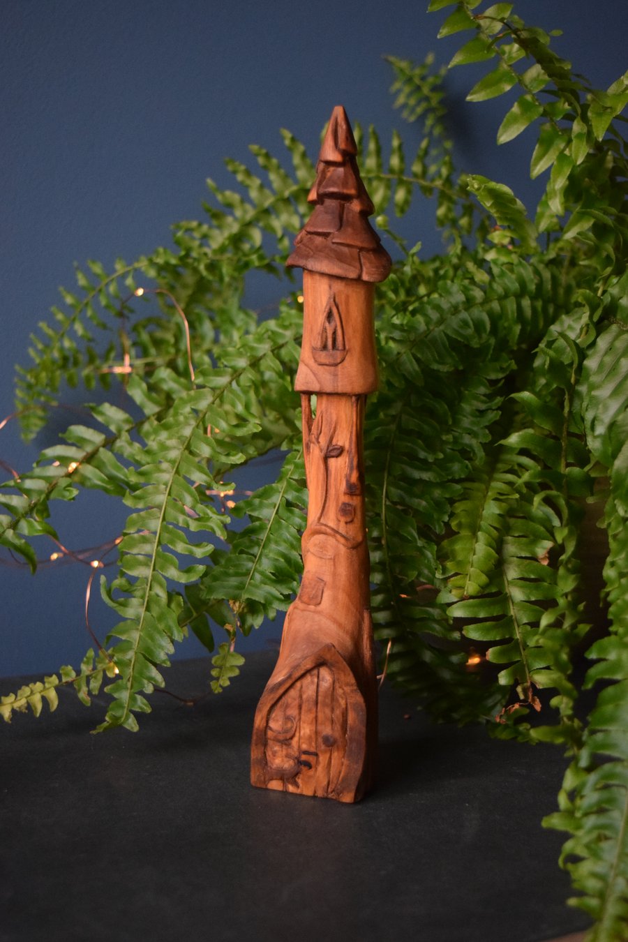 Hand carved cherry wood fairy tower