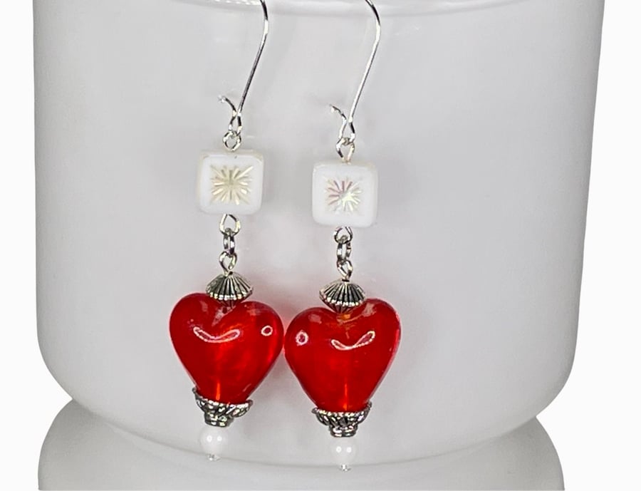 MURANO HEART EARRINGS Czech glass white red Valentine's day 