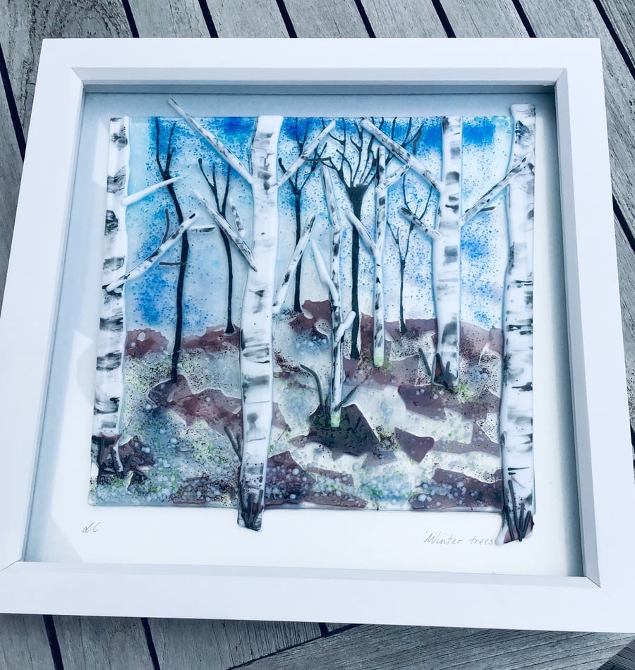 Fused glass silver birches in winter picture