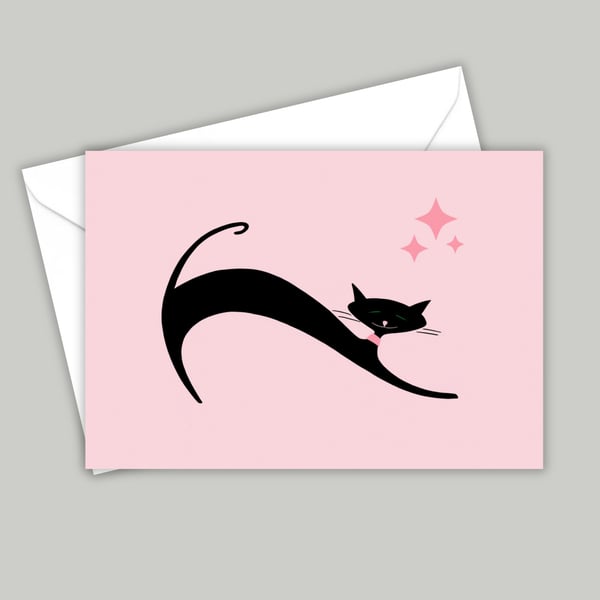 Pink Cat Card, Atomic Black Cat Greetings Card, Cat Lover Birthday Card