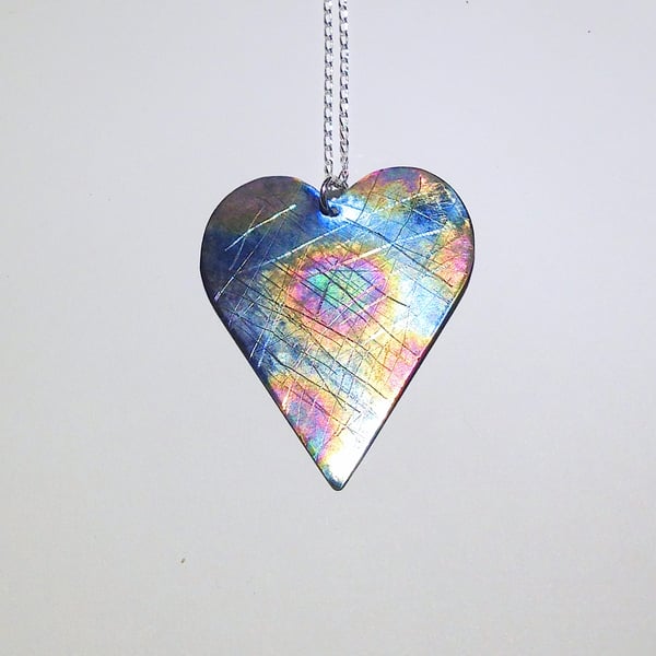 Distressed Coloured Titanium Heart Pendant Necklace - UK Free Post