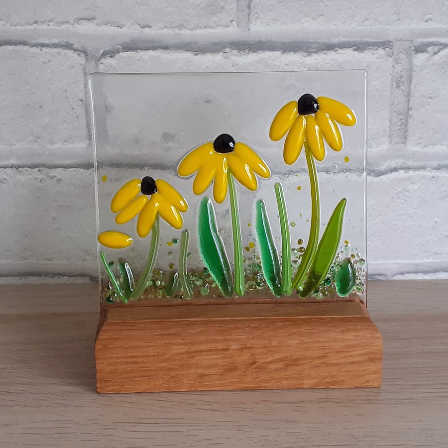 Fused glass floral panel in handmade oak stand, Black Eyed Susan flowers