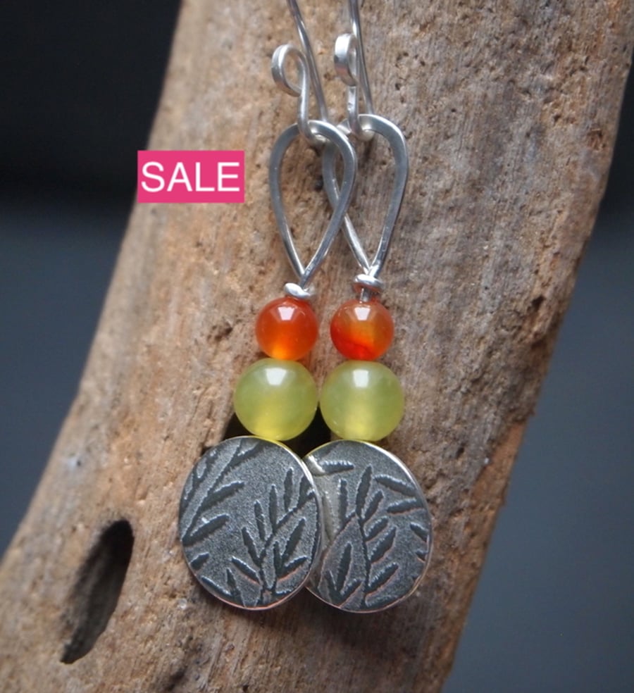 leaf earrings, silver carnelian dangle earrings