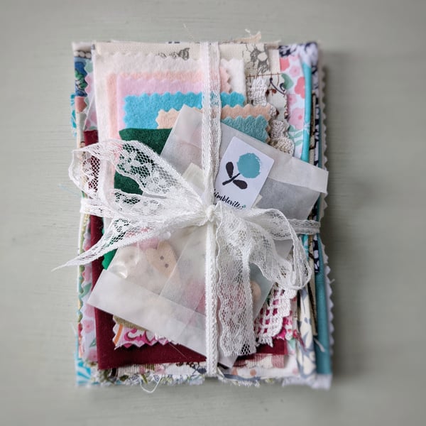 Mindful Slow Stitching Kit, Fabric, Words and Buttons Bundle Foliage 